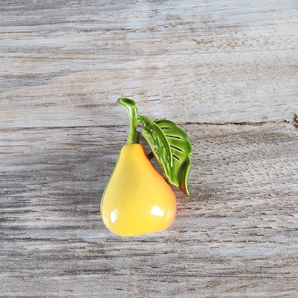 Vintage Enamel Pear Brooch Yellow Green Fruit Pin Gold Tone Cottagecore